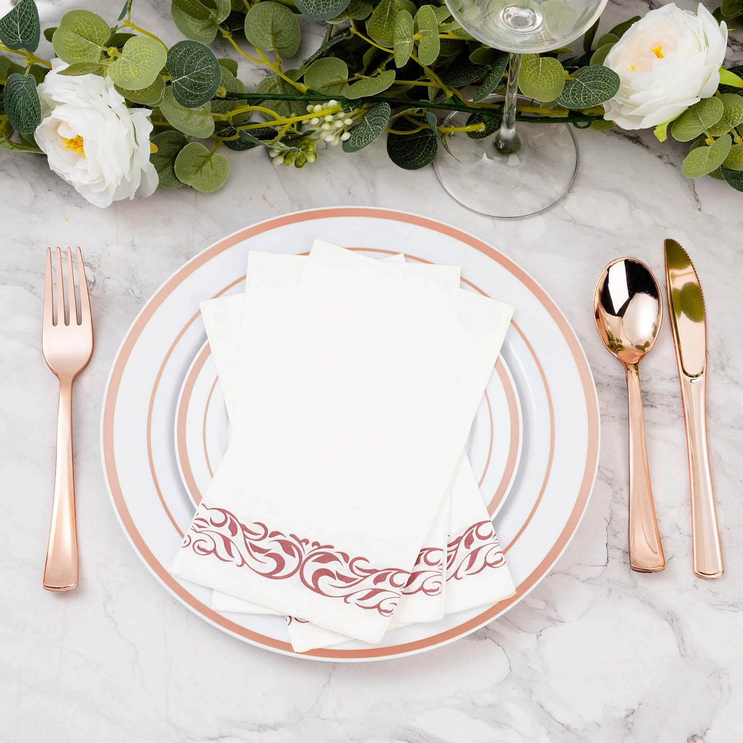 Goodluck 200 Pack 3-Ply Disposable Dinner Napkins with Rose Gold Trim Perfect for Kitchen, Dinner, Party, Wedding, or Event