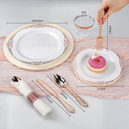Goodluck 350PCS Disposable Rose Gold Plastic Dinnerware Sets for 50 Guests