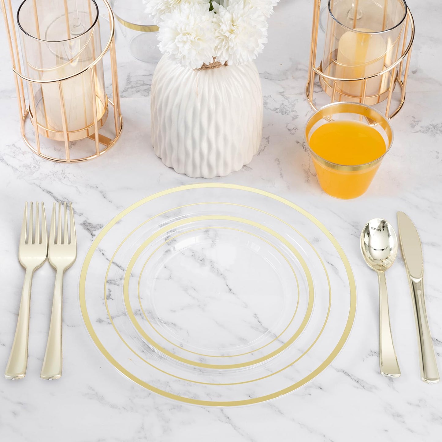 Goodluck 600-Piece Disposable Clear Gold Plastic Dinnerware Set for 100 Guests