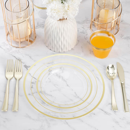 Goodluck 600-Piece Disposable Clear Gold Plastic Dinnerware Set for 100 Guests