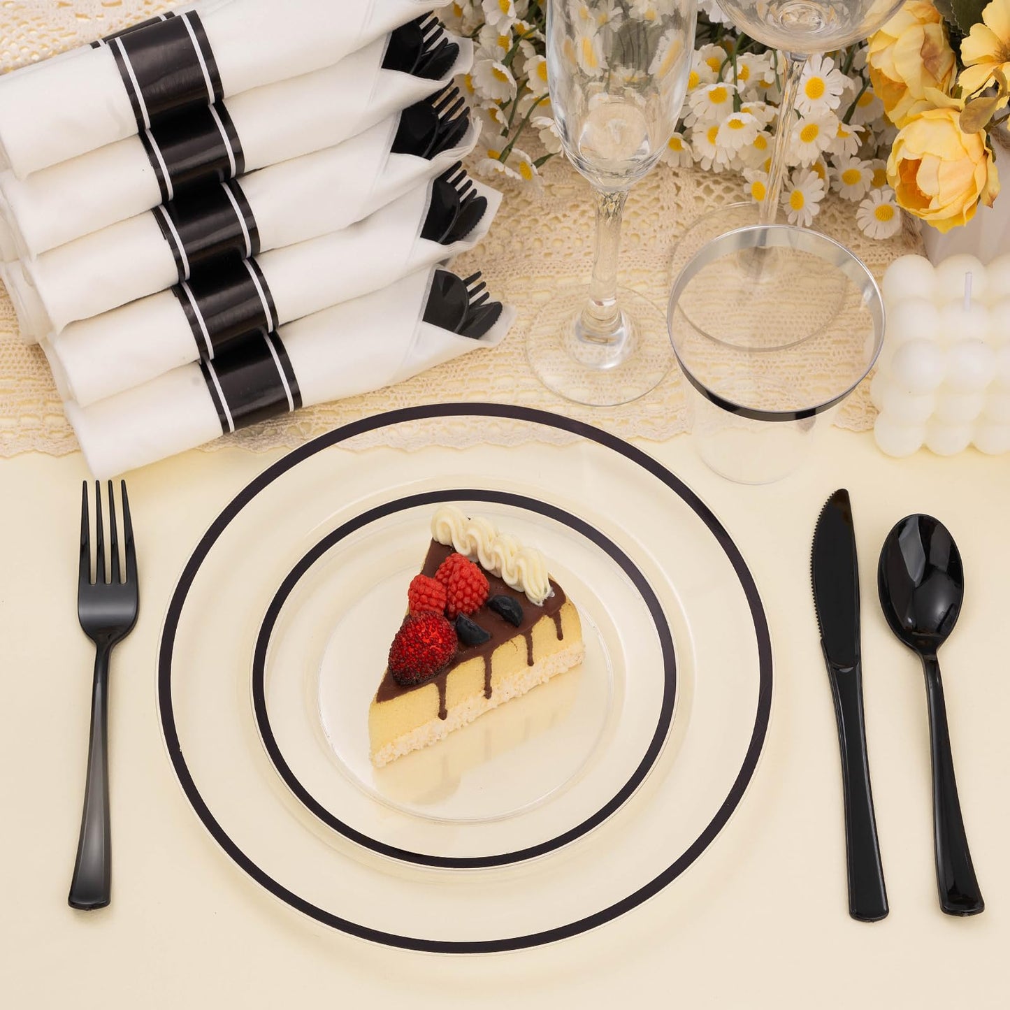 Goodluck 350-Piece Disposable Clear with Black Rim Plastic Dinnerware Set for 50 Guests