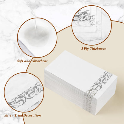 Goodluck 3-Ply Dinner Disposable Napkins with Silver Trim Perfect for Kitchen, Dinner, Party, Wedding, or Event