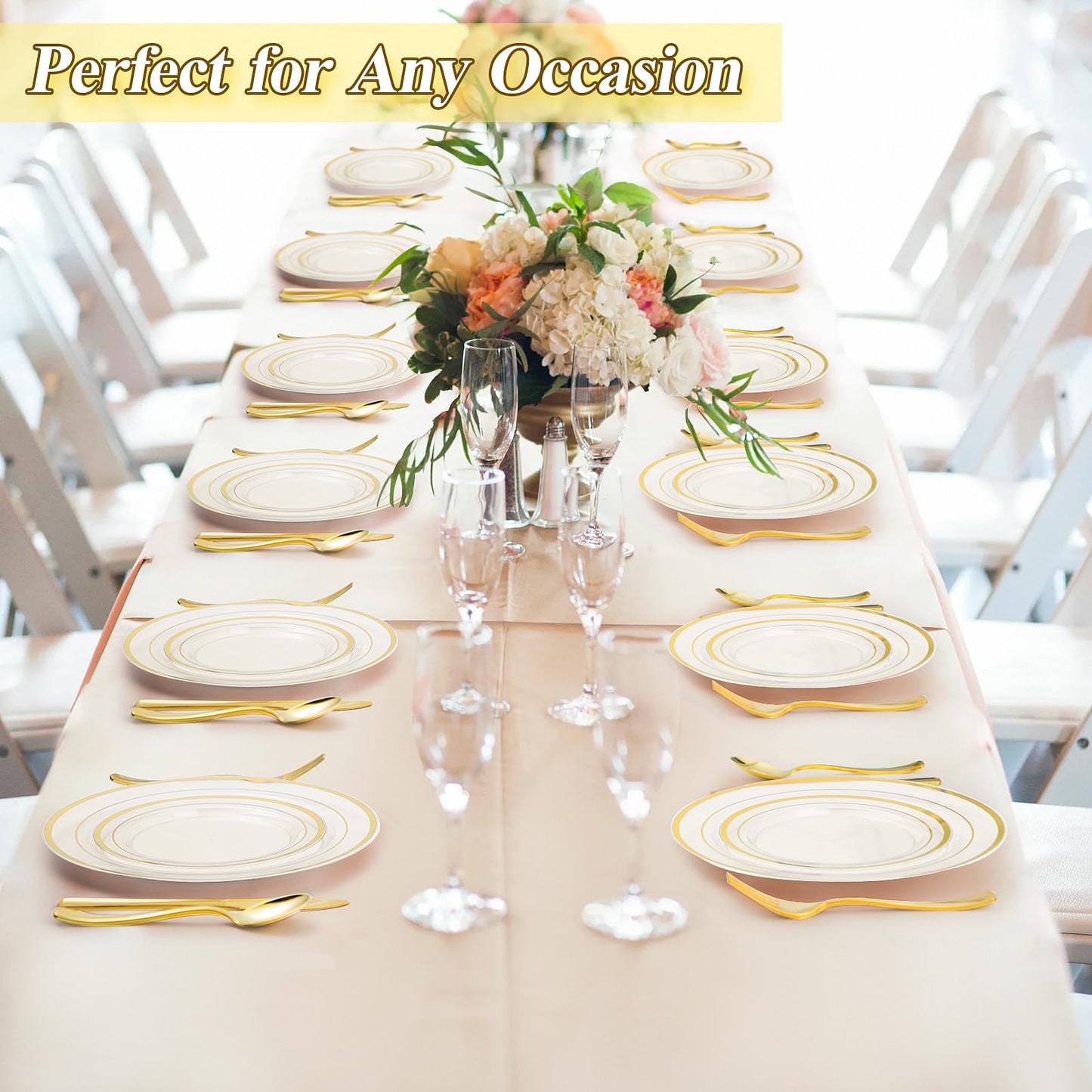 Goodluck 200-Piece Disposable Clear with Double Gold Rim Plastic Plates Set for Parties
