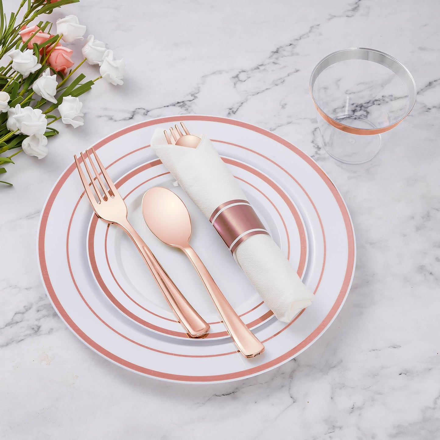 Goodluck Disposable Rose Gold Plastic Dinnerware Set with Pre-Rolled Napkins