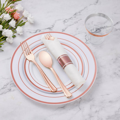 Goodluck Disposable Rose Gold Plastic Dinnerware Set with Pre-Rolled Napkins