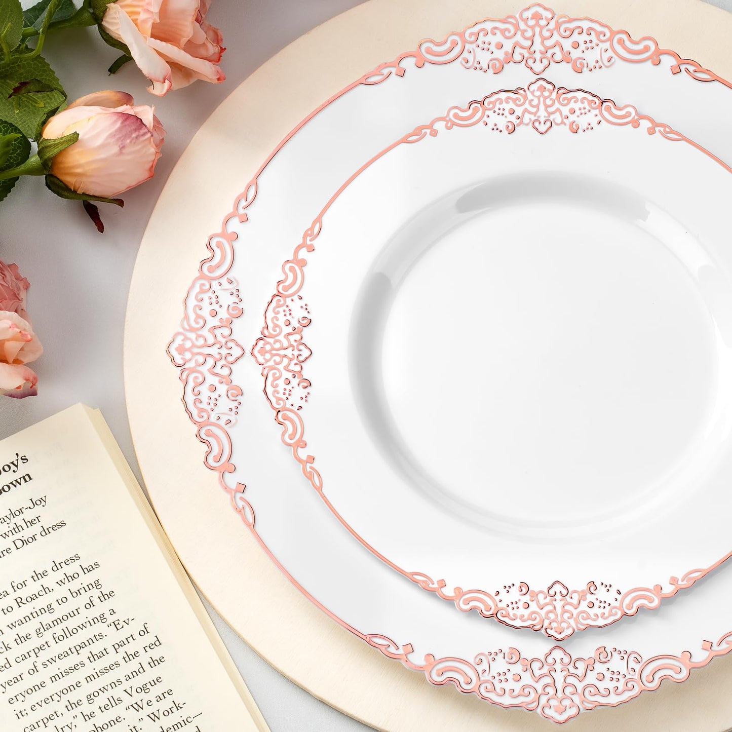 Goodluck 350PCS Disposable Rose Gold Plastic Dinnerware Sets for 50 Guests