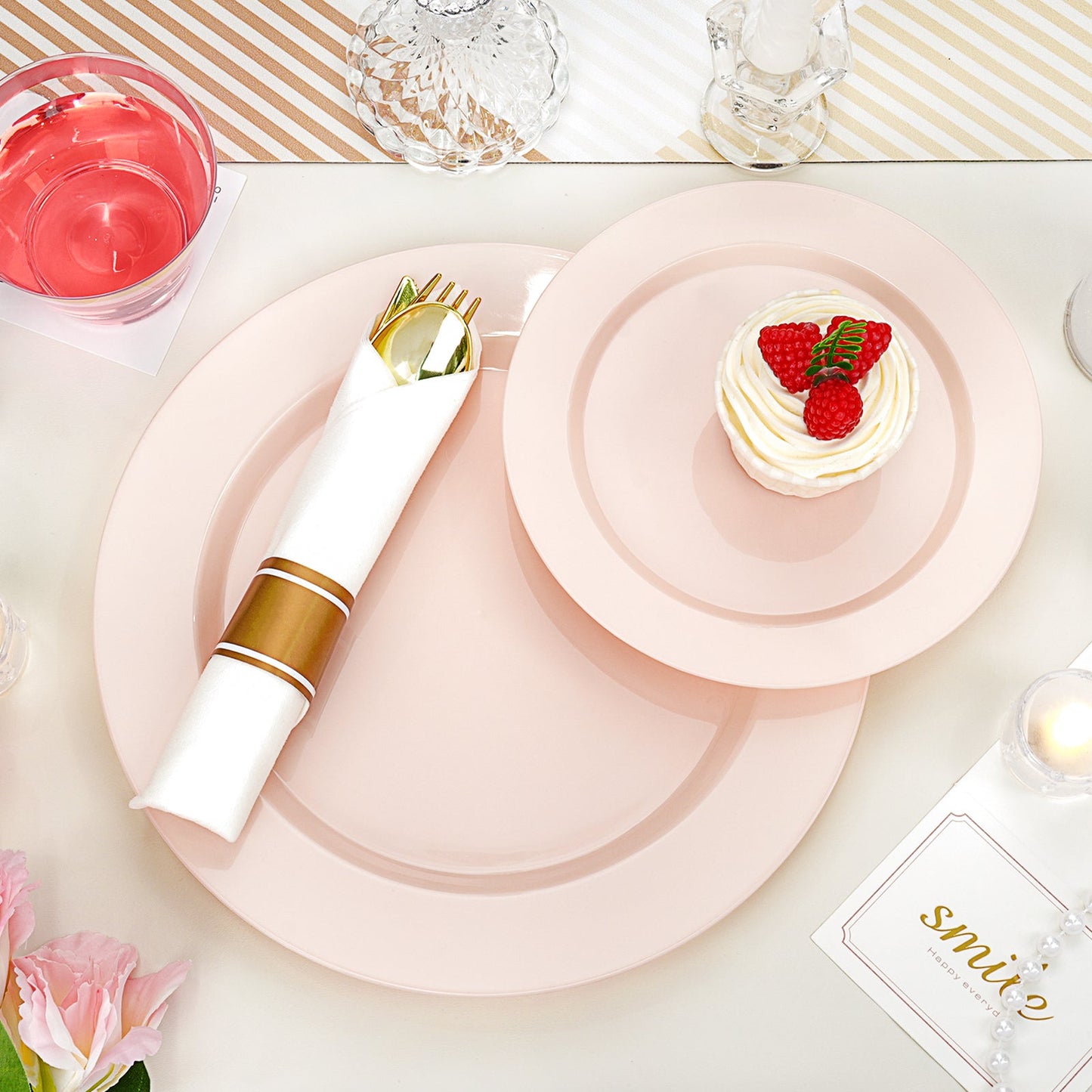 Celebration High-Heavy Pink Plastic Dinnerware Set for Wedding, Graduation