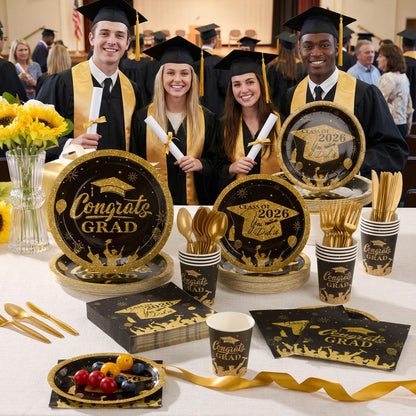 Graduation Party Supplies Include 9" & 7" Disposable Graduation Paper Plates, 9oz Cups, Napkins & Cutlery