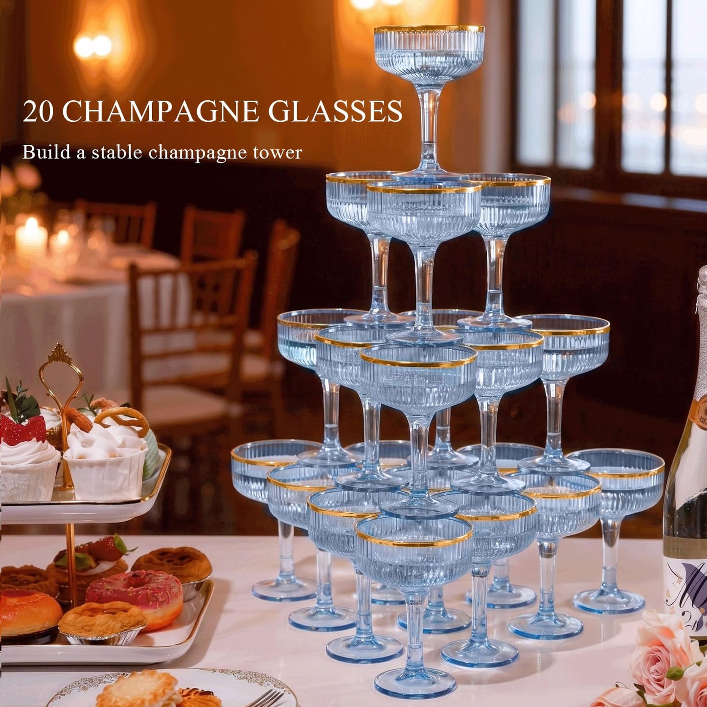 4-Tier Champagne Tower - 20 PCS 7oz Plastic Champagne Flutes, Butterfly Shape with Vertical Stripes for Weddings, Celebrations, Parties & Birthdays