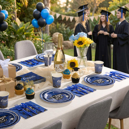 Graduation Party Supplies Include 9" & 7" Disposable Graduation Paper Plates, 9oz Cups, Napkins & Cutlery