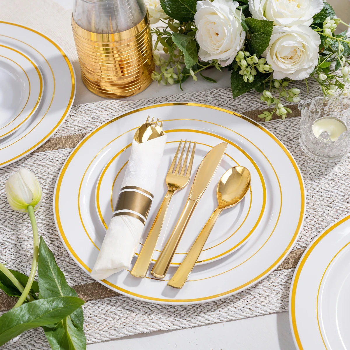 Goodluck Disposable White with Double Gold Rim Pre-Rolled Napkins Plastic Dinnerware Set