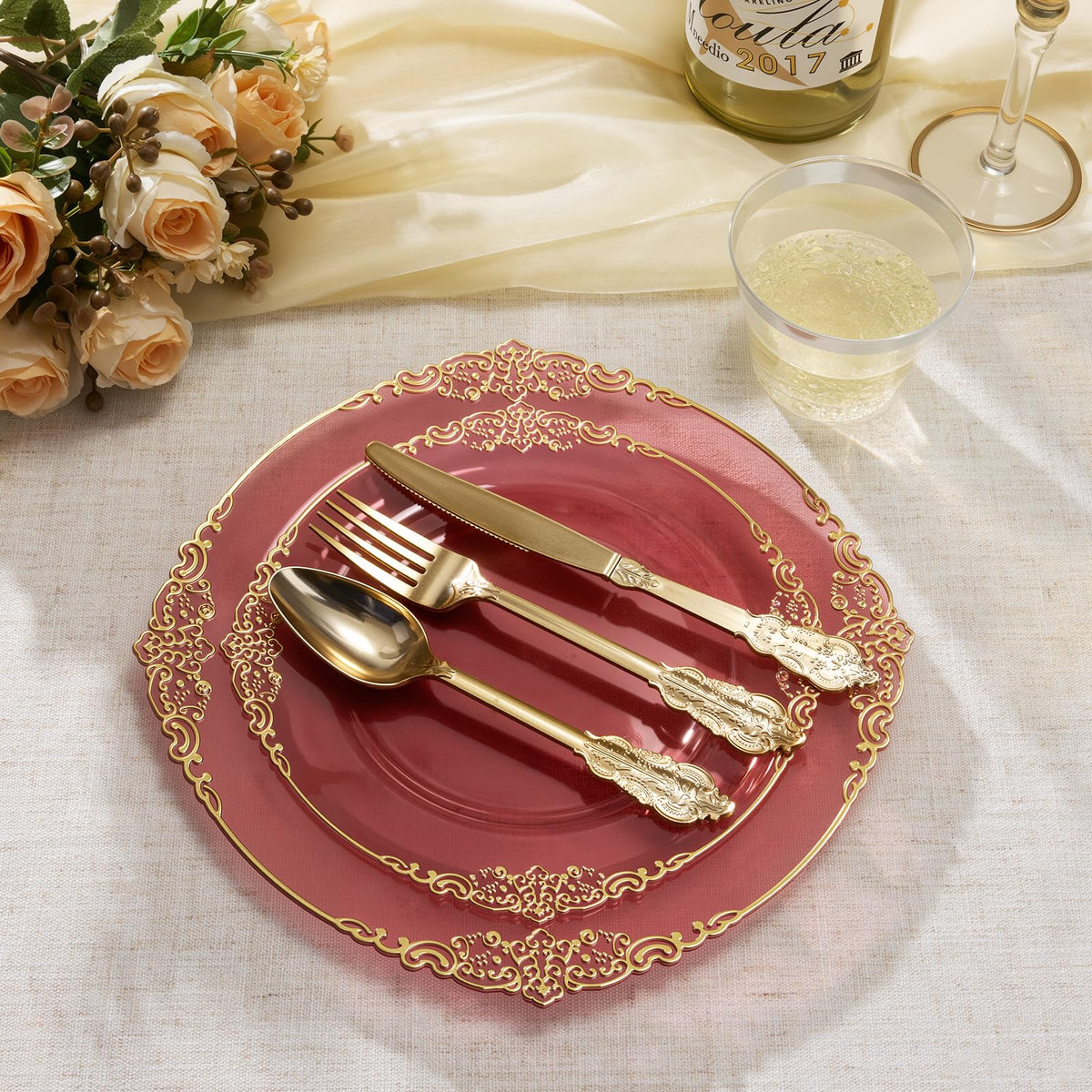 Heavy Duty Elegant Vintage Plastic Plates with Cutlery Set for Wedding, Bridal Shower, Anniversary