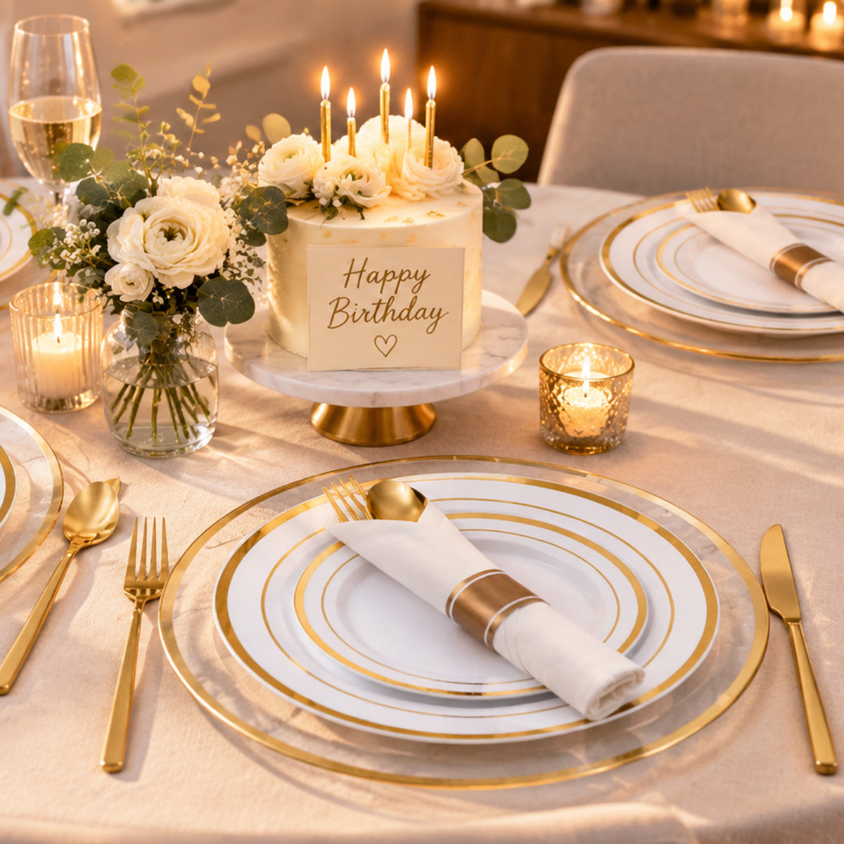 Golden Disposable Dinnerware Set with Charger for  100 Guests, ideal for Wedding, Birthday, Holiday