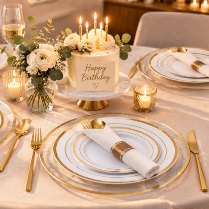 Golden Disposable Dinnerware Set with Charger for  100 Guests, ideal for Wedding, Birthday, Holiday