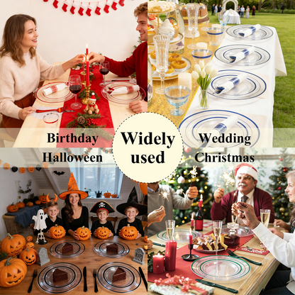 Goodluck 350 Piece Disposable Clear with Double Red Rim Plastic Dinnerware Set for Party, Christmas, Graduation, Wedding