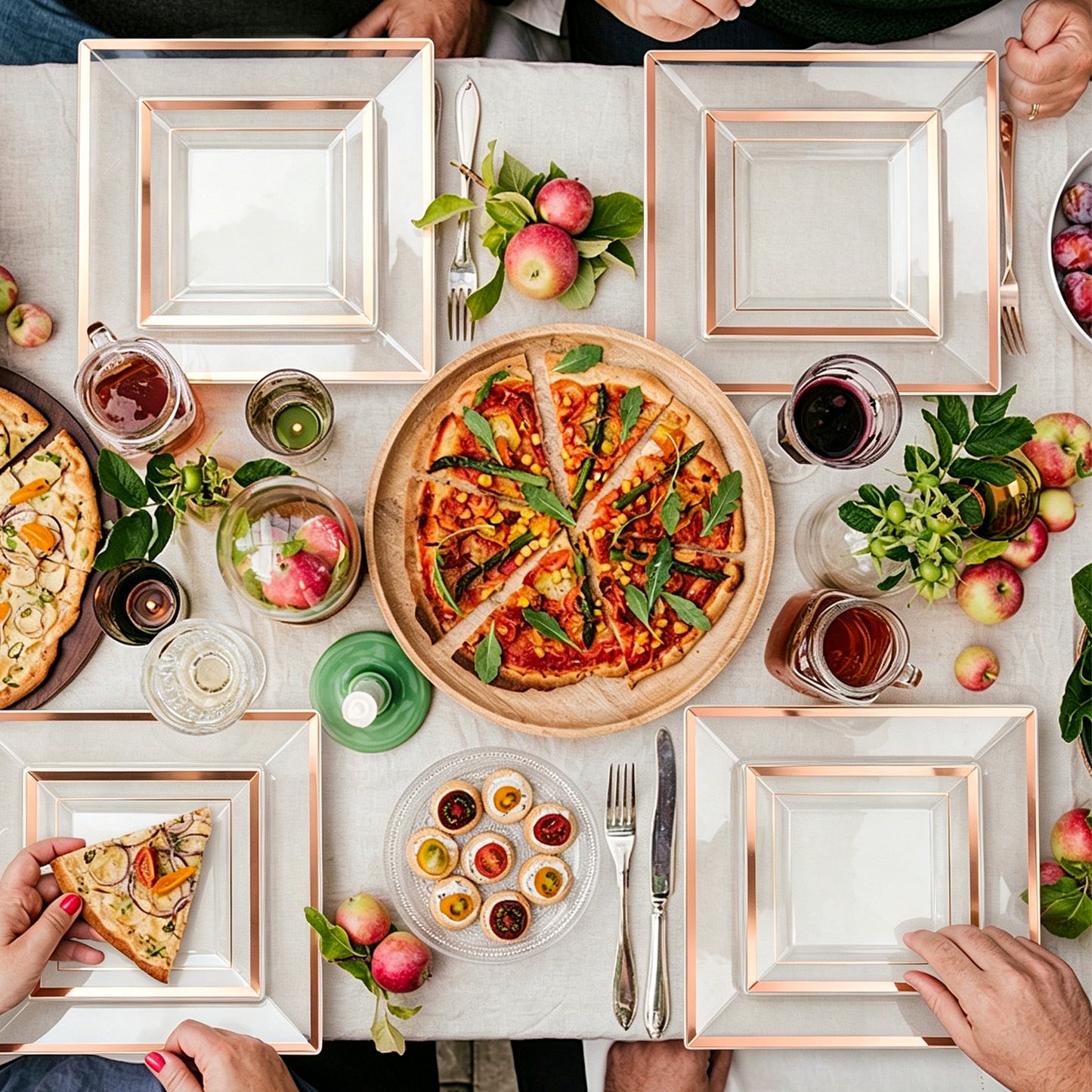 Premium Plastic Tableware for Weddings & Parties with Square Clear Base Rose Gold Rim Plates and Rose Gold Cutlery