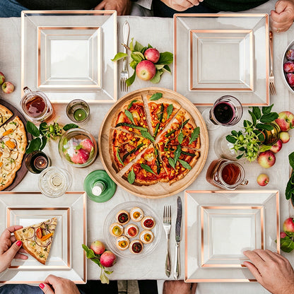 Premium Plastic Tableware for Weddings & Parties with Square Clear Base Rose Gold Rim Plates and Rose Gold Cutlery