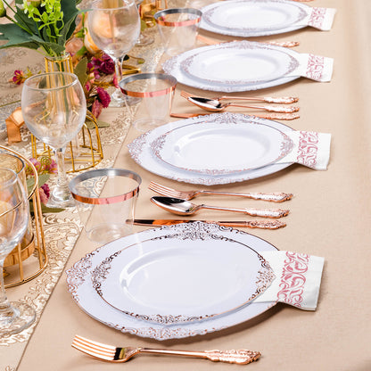 Goodluck 350PCS Retro Style Disposable Rose Gold Plastic Dinnerware Set for 50 Guests