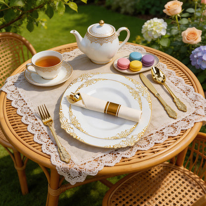 Goodluck Disposable Retro White with Gold Rim Plastic Dinnerware