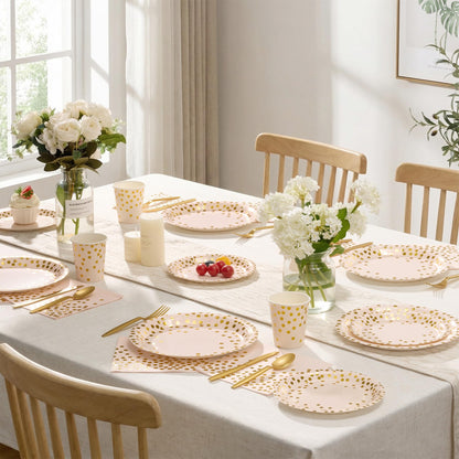 Gold Foil Polka Dot Disposable Party Paper Tableware Set for Birthday, Baby Shower, and Wedding