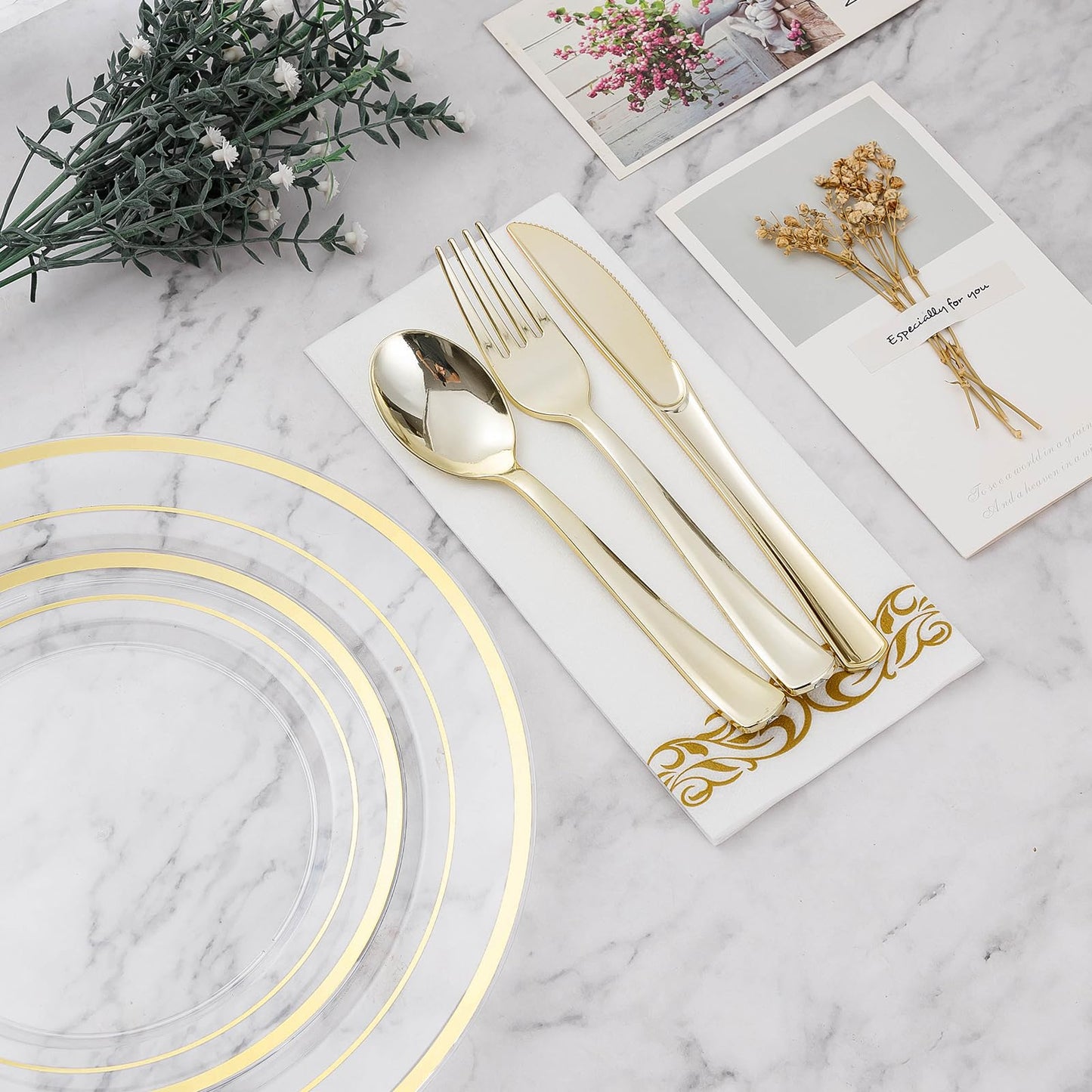 Goodluck 700-Piece Clear Gold Disposable Dinnerware Set for 100 Guests