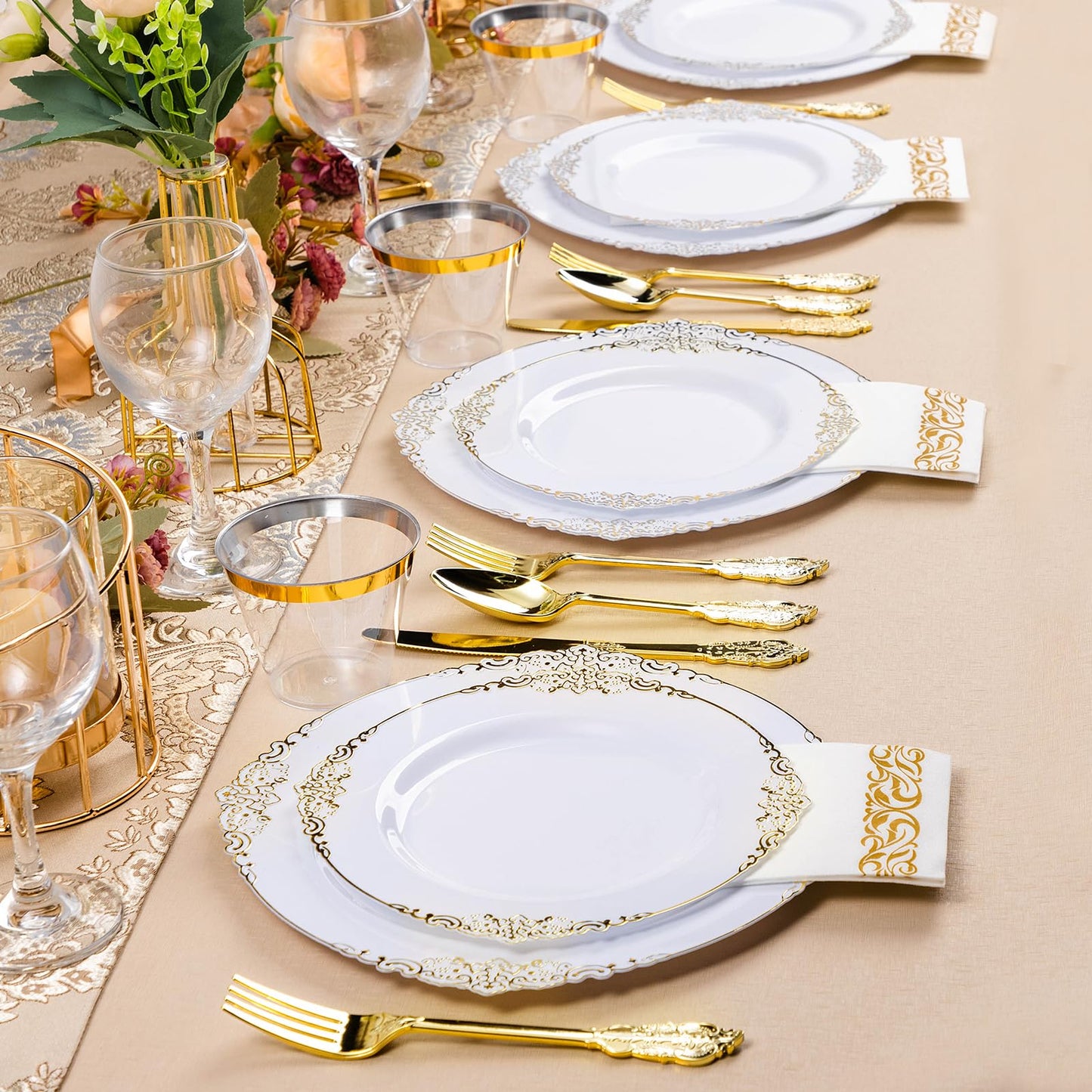 Goodluck 350PCS Disposable White with Gold Rim Plastic Dinnerware Set for 50 Guests