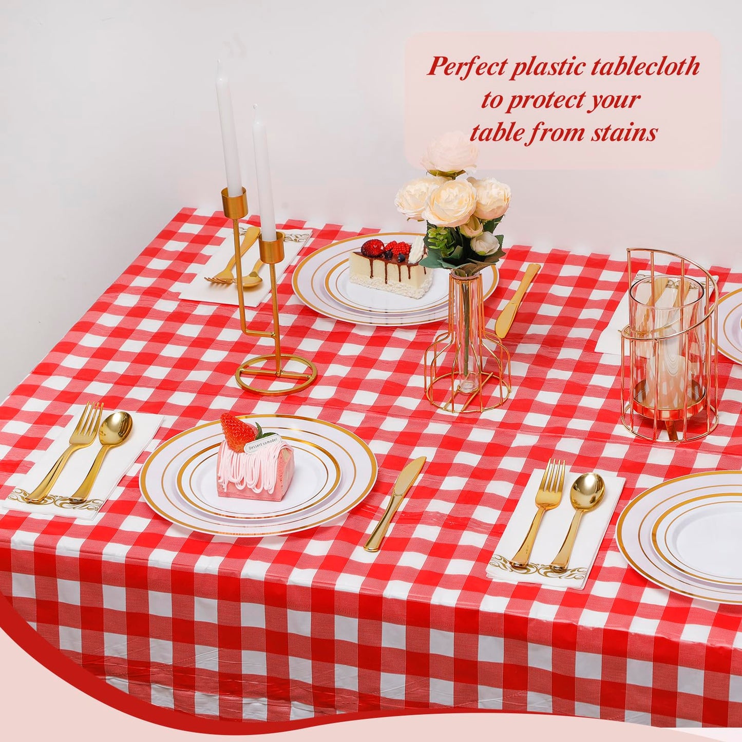 Goodluck 54 Inch X 300 Feet Red Checkered Plastic Tablecloths with Cutter Box