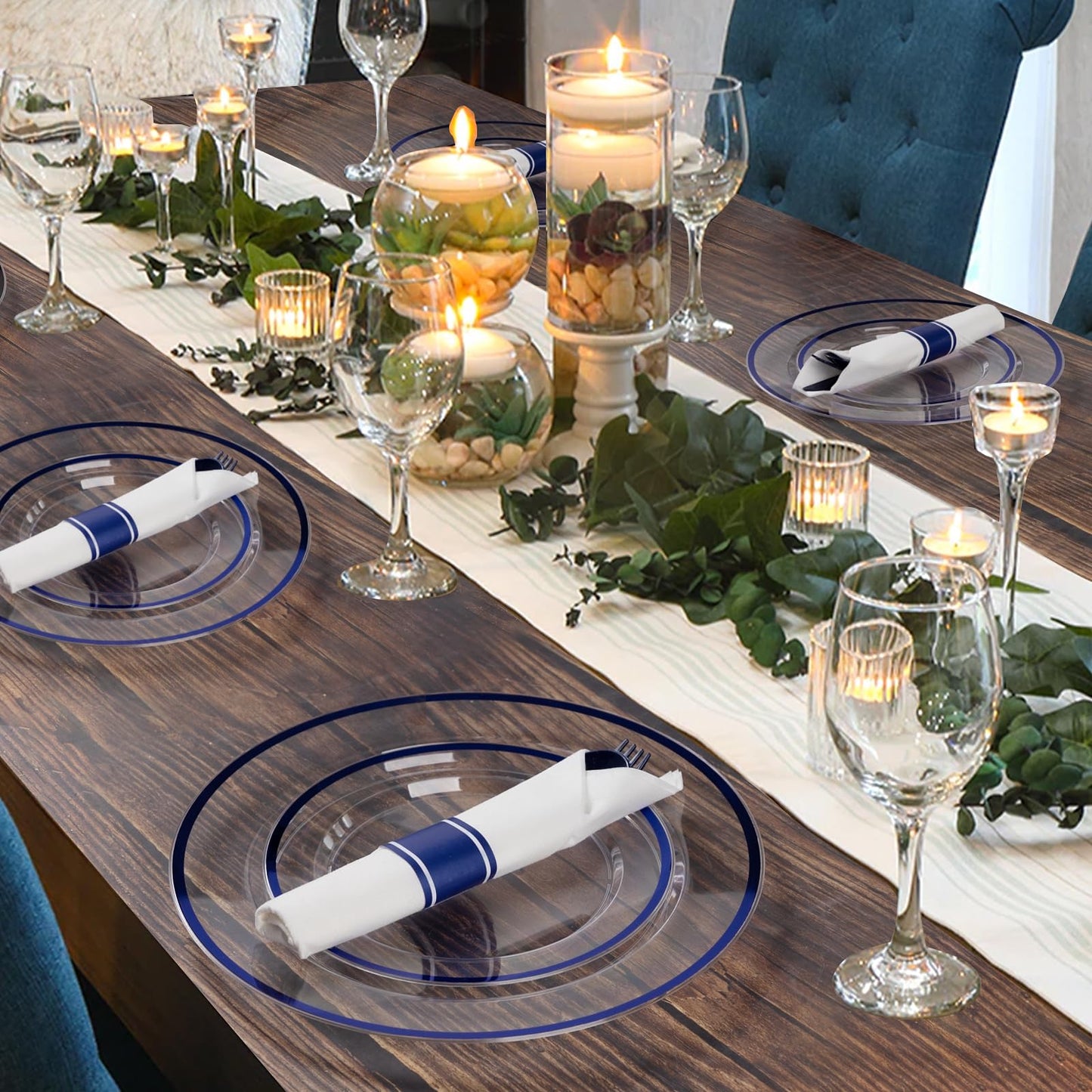Goodluck Clear with Dark Blue Rim Plastic Dinnerware Set