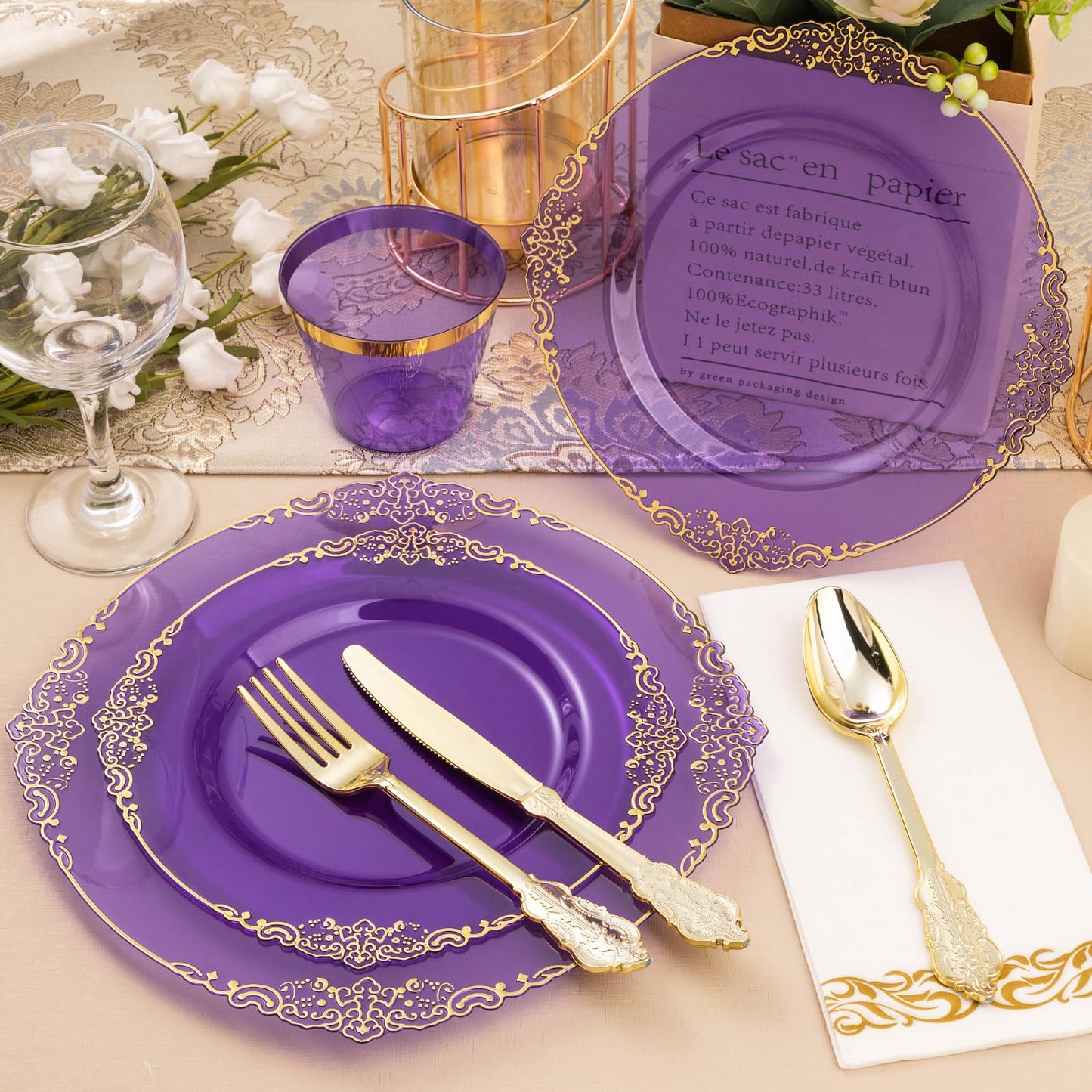 Goodluck Disposable Retro Clear Purple Dinnerware Sets