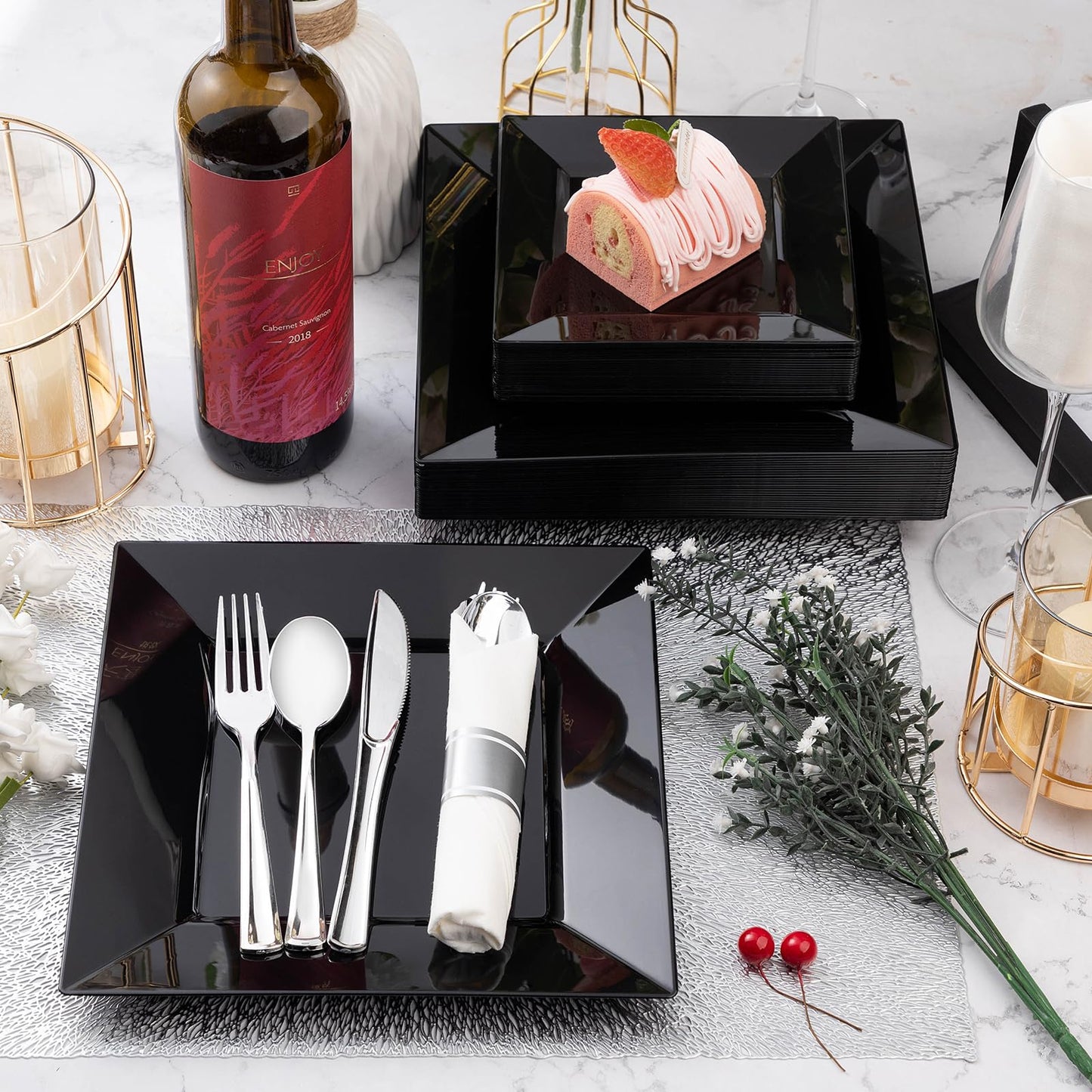 Goodluck Heavy Duty Disposable Square Black Plastic Plates for Wedding, Holiday Party, Birthday, Halloween
