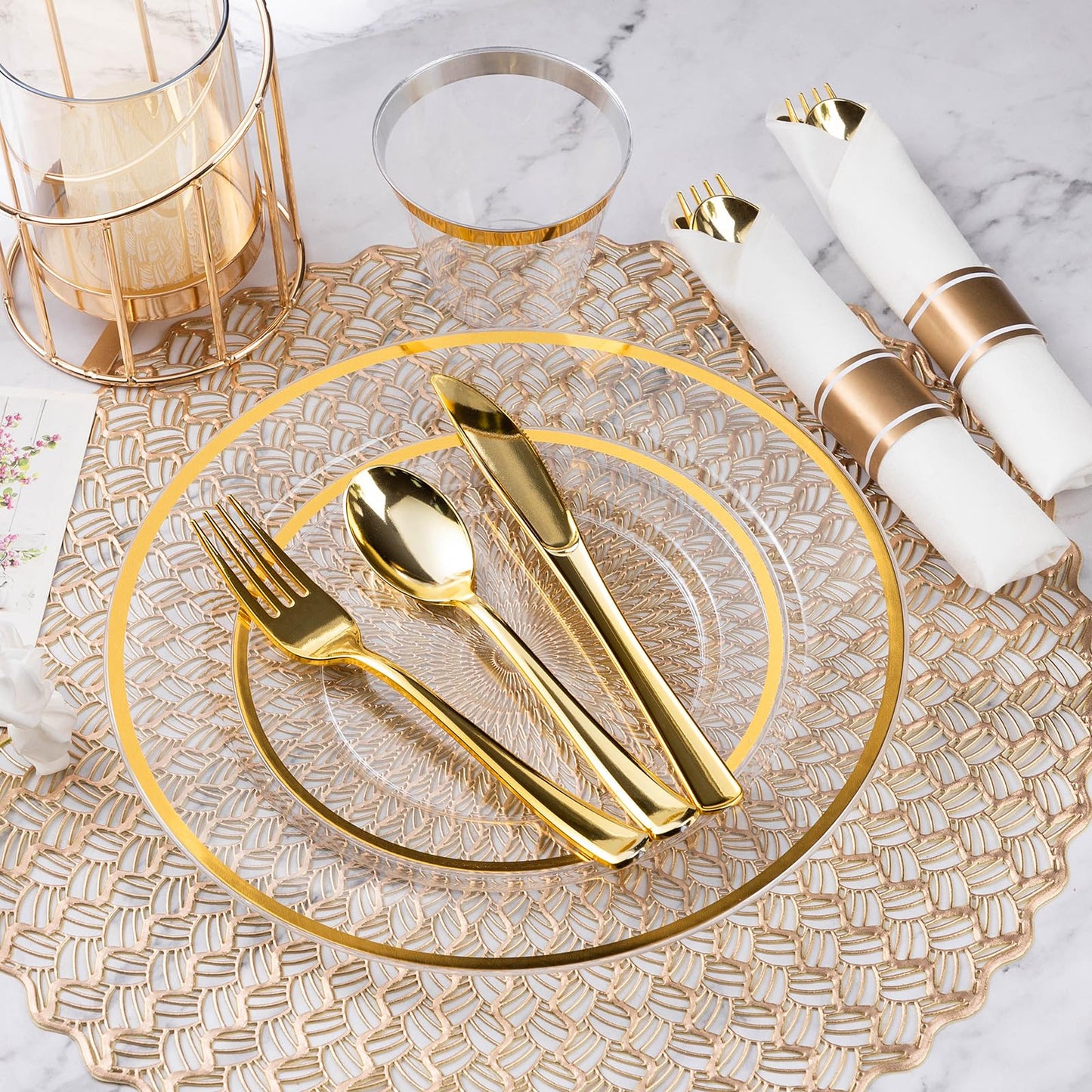Goodluck 350 Piece Disposable Clear with Gold Rim Plastic  Dinnerware Set for 50 Guests