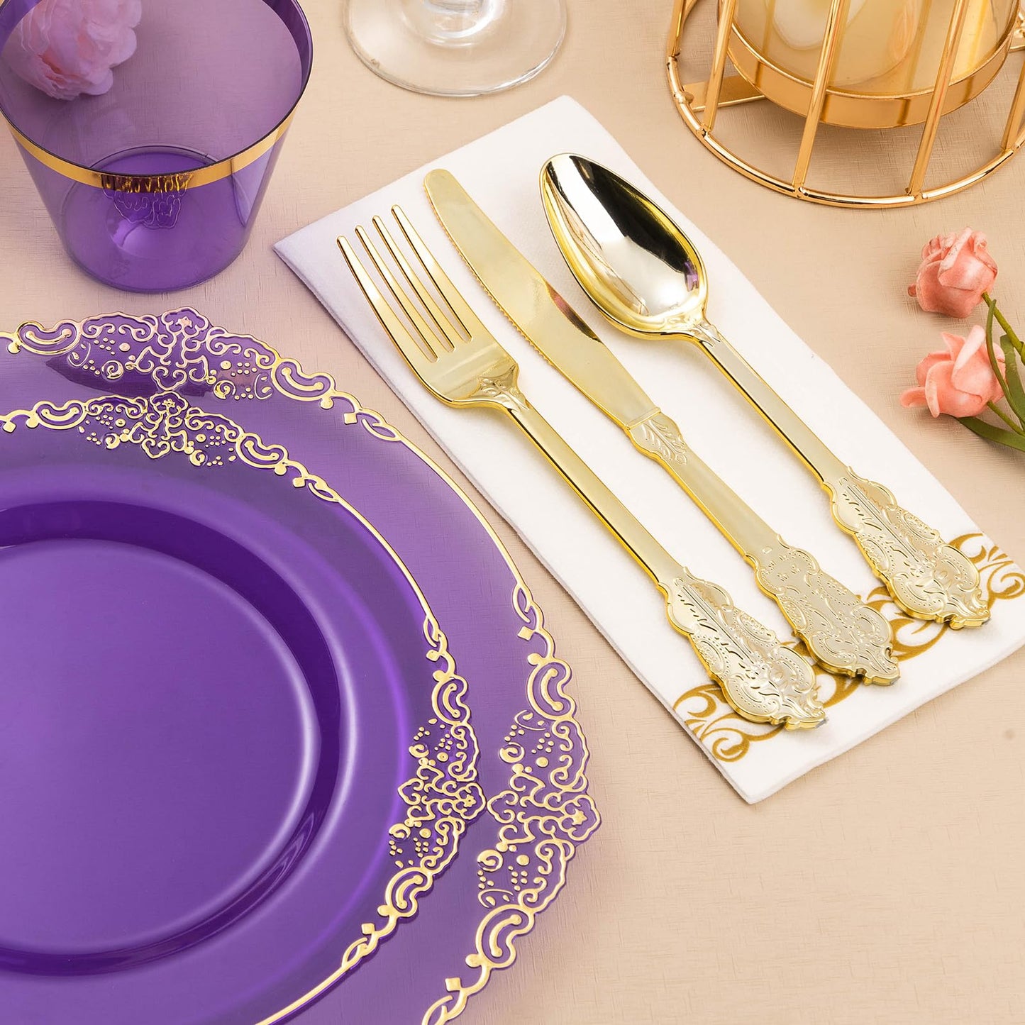Goodluck Disposable Retro Clear Purple Dinnerware Sets