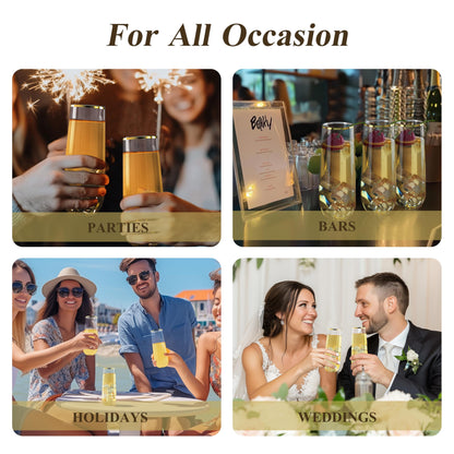 Goodluck 9 oz Disposable Stemless Clear with Gold Rim  Plastic Champagne Flutes for Party, Graduation & Wedding