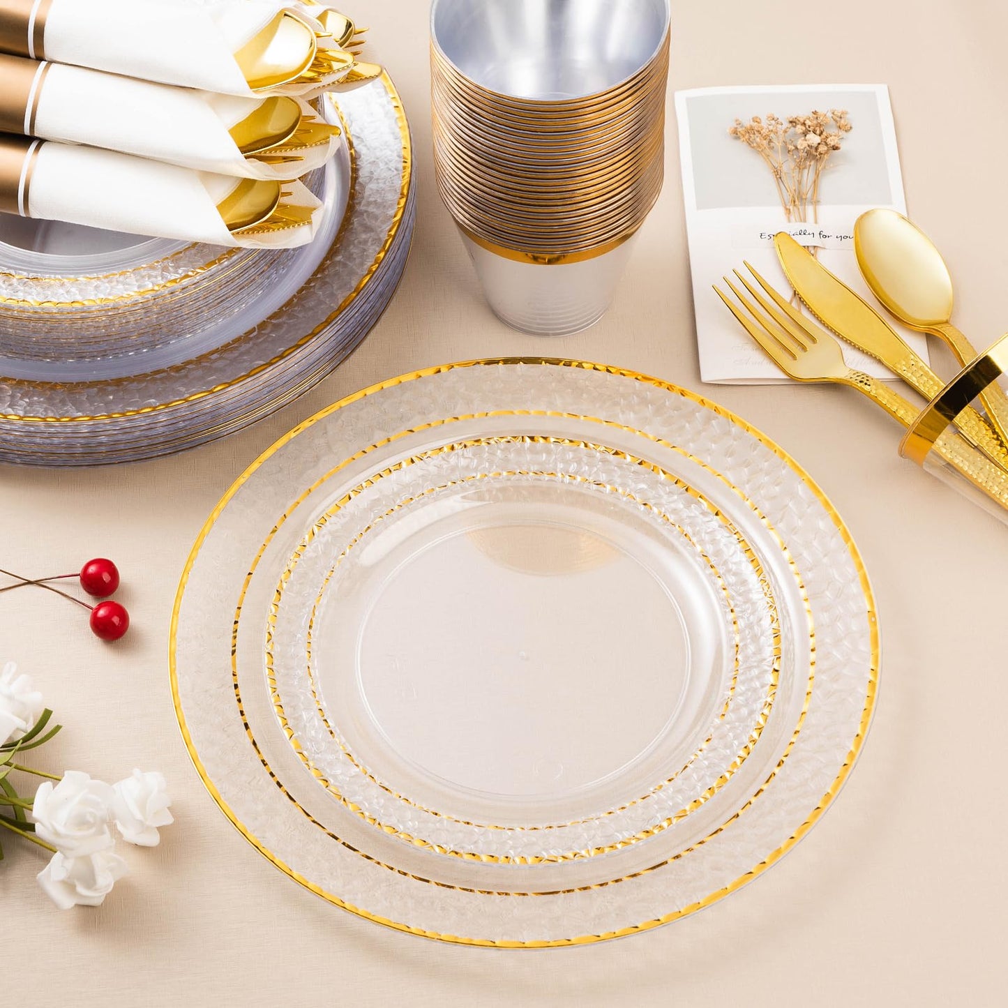 Goodluck 350PCS Disposable Clear Plastic Plates with Gold Trim Dinnerware Set for 50 Guests