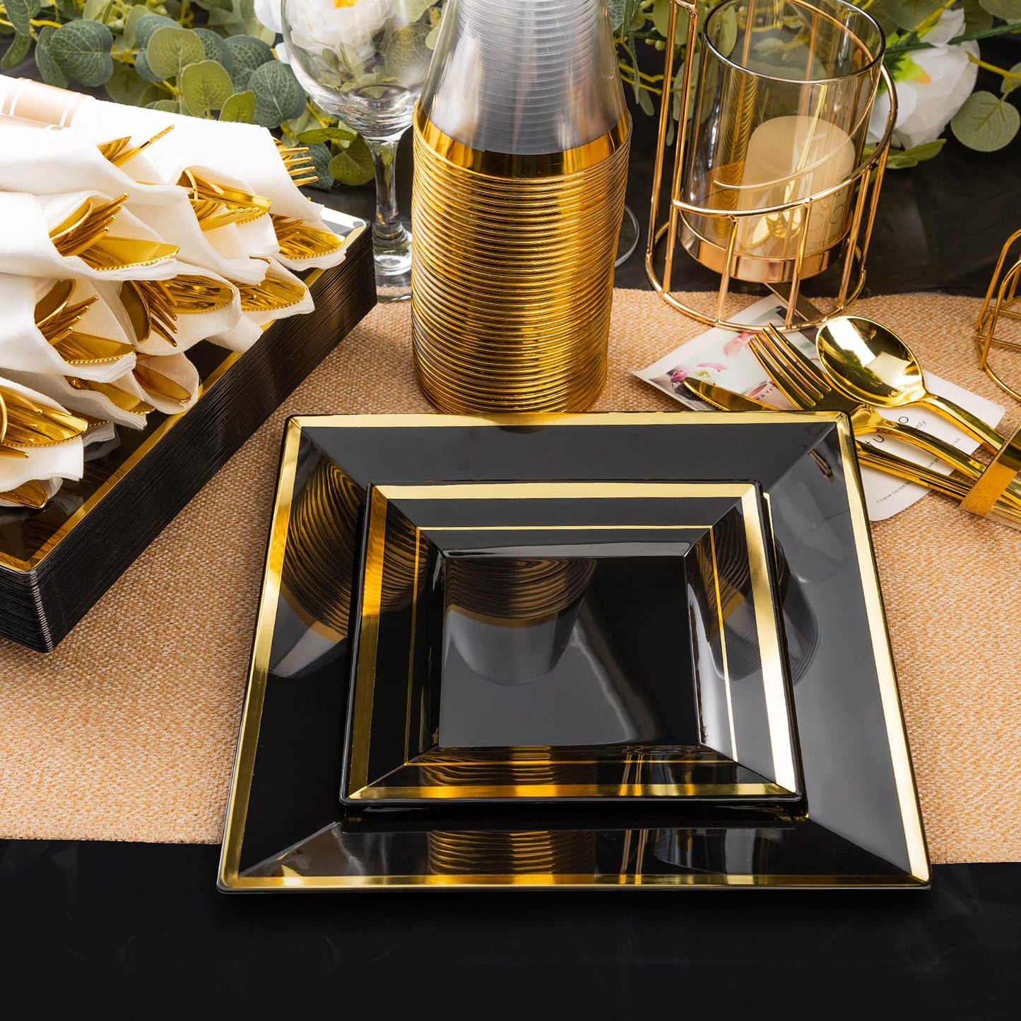 Goodluck 352-Piece Black with Silver Dinnerware Set for 50 Guests