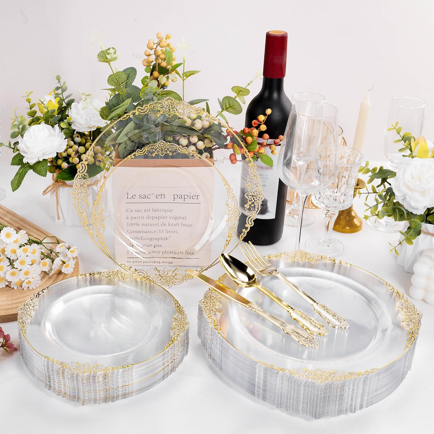 Goodluck 200 PCS Disposable Clear with Gold Rim Plastic Plates for 100 Guests