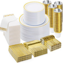 Goodluck Disposable White with Double Gold Rim Plastic Dinnerware Set