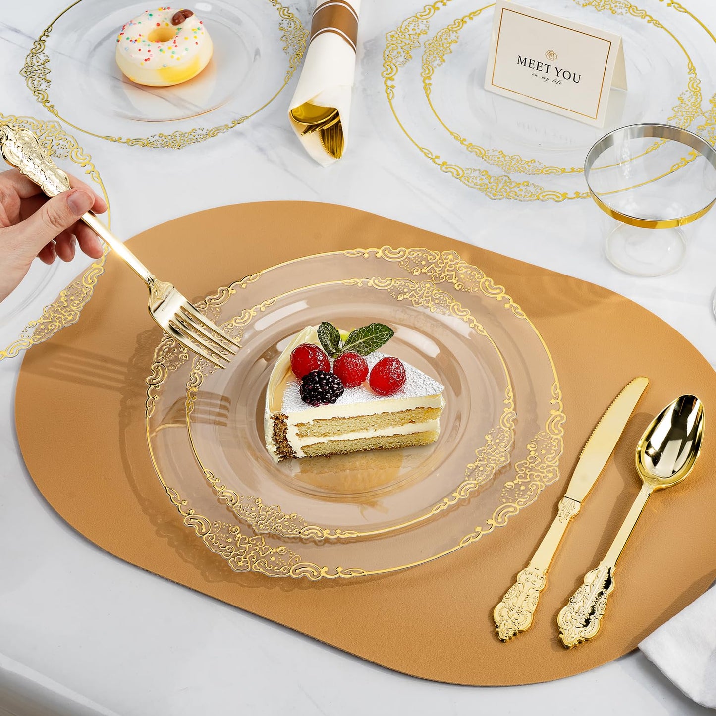 Goodluck 350PCS Disposable Clear with Gold Rim Plastic Dinnerware Sets for 50 Guests