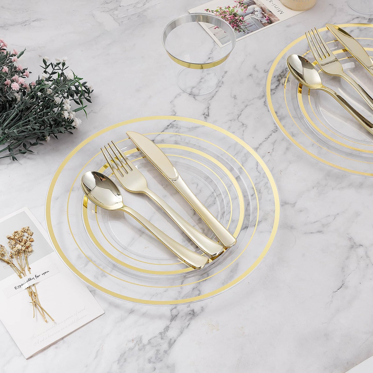 Goodluck 600PCS Clear Gold Dinnerware Set for 100 Guests