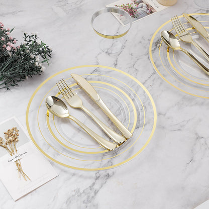 Goodluck 600PCS Clear Gold Dinnerware Set for 100 Guests
