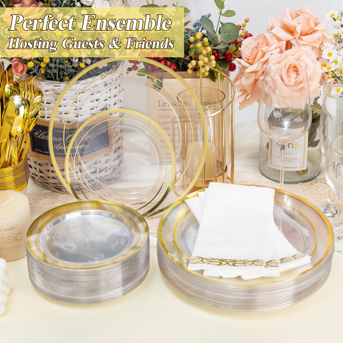 Goodluck 200-Piece Disposable Clear with Double Gold Rim Plastic Plates Set for Parties
