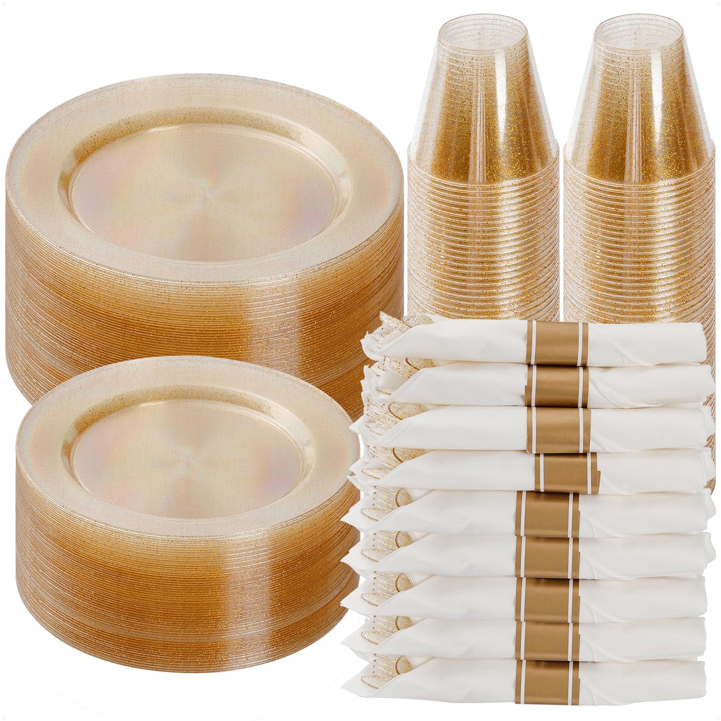 Goodluck 350 Piece Gold Glitter Plastic Dinnerware Set for 50 Guests
