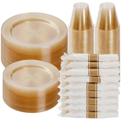 Goodluck 350 Piece Gold Glitter Plastic Dinnerware Set for 50 Guests