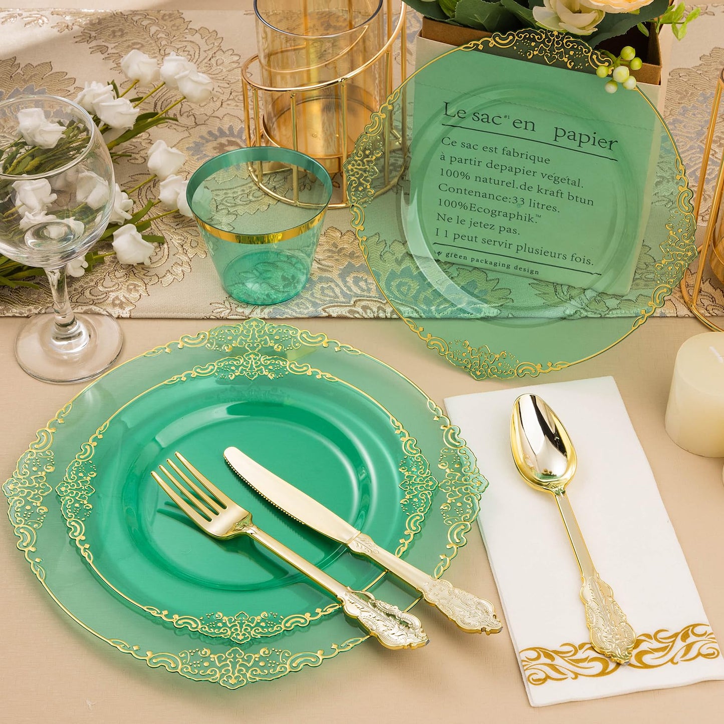 Goodluck Disposable Clear Green Plastic Dinnerware Sets