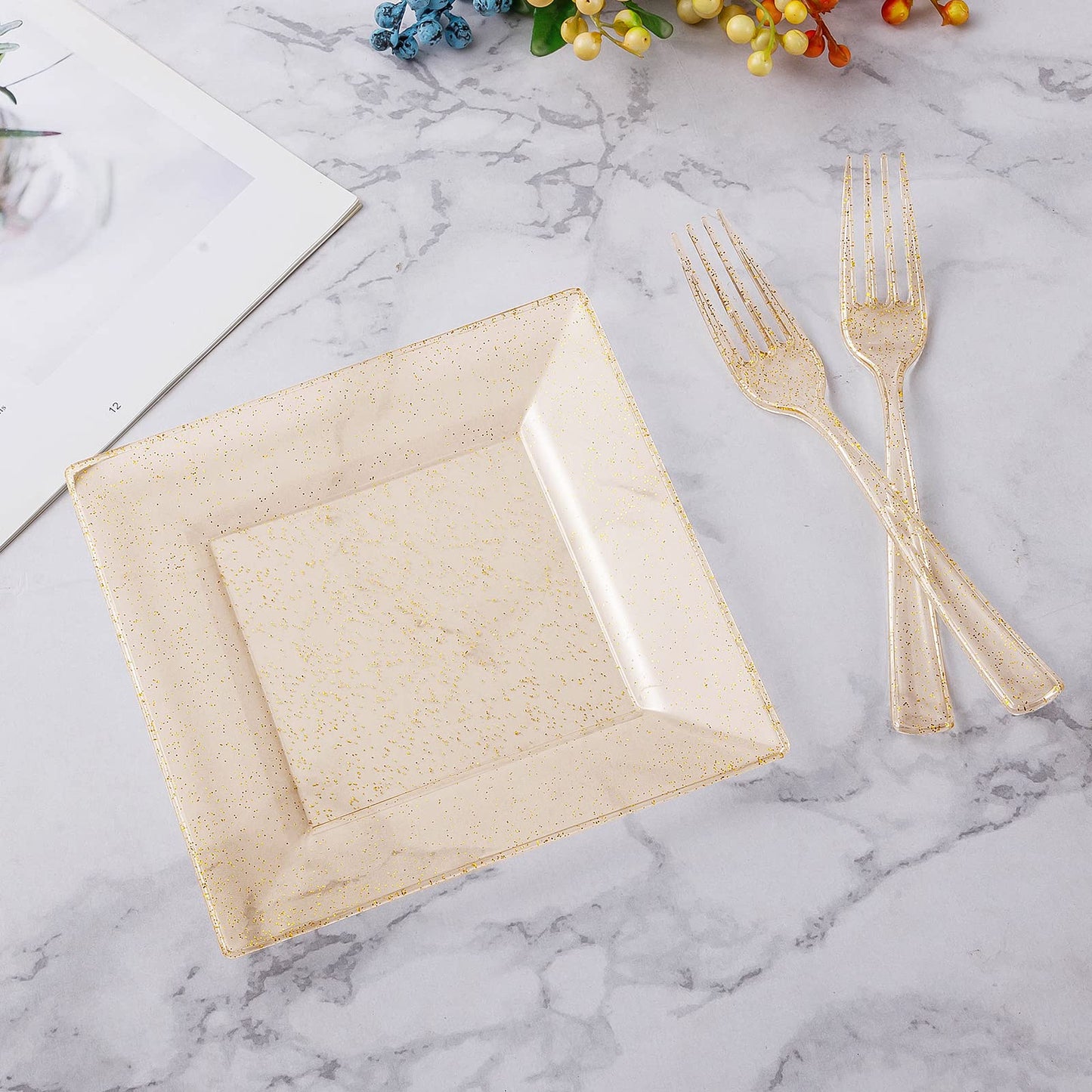 Goodluck 240PCS Square Gold Glitter Dessert Plates with Forks for 120 Guests