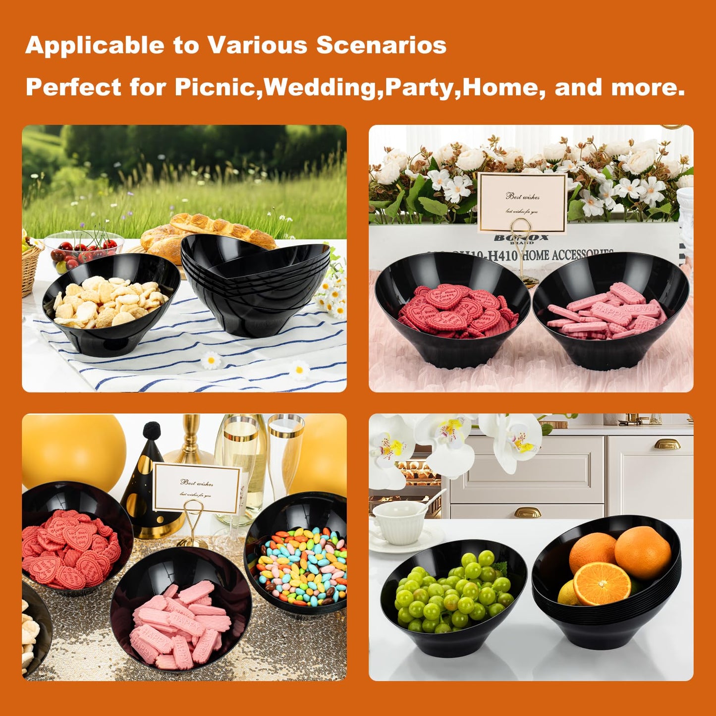 Goodluck 12 Pack Disposable 20 OZ Angled Black Plastic Serving Bowls for Salad & Fruit
