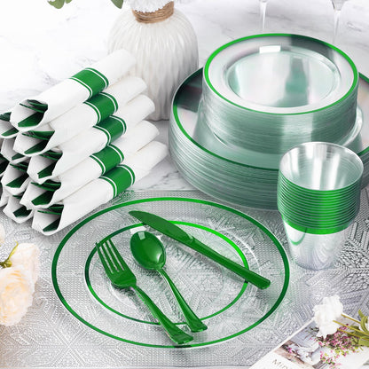 Goodluck 350 Piece Disposable Clear with Green Rim Plastic Dinnerware Set for 50 Guests