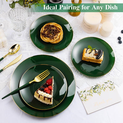 Goodluck Green with Gold Rim Disposable Plastic Plates for Party, Wedding