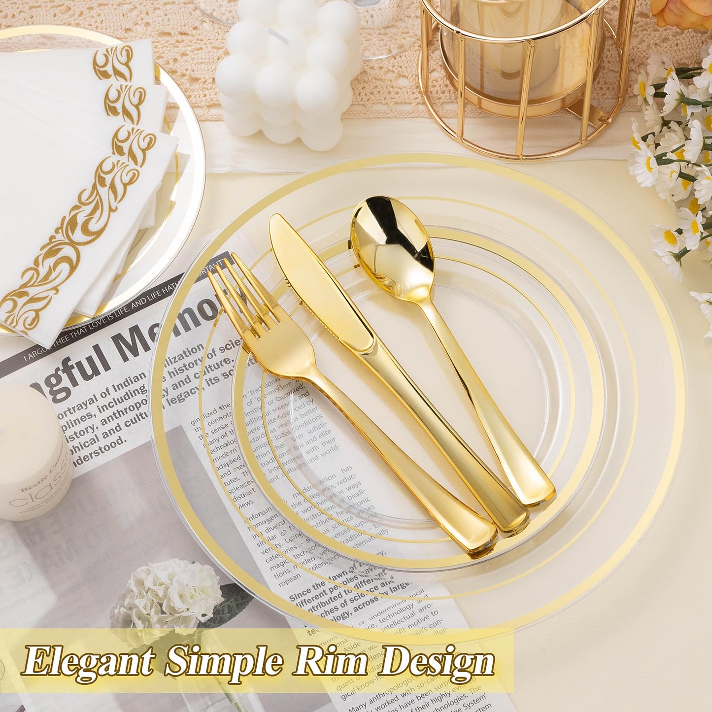 Goodluck 200-Piece Disposable Clear with Double Gold Rim Plastic Plates Set for Parties