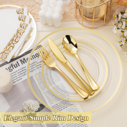 Goodluck 200-Piece Disposable Clear with Double Gold Rim Plastic Plates Set for Parties